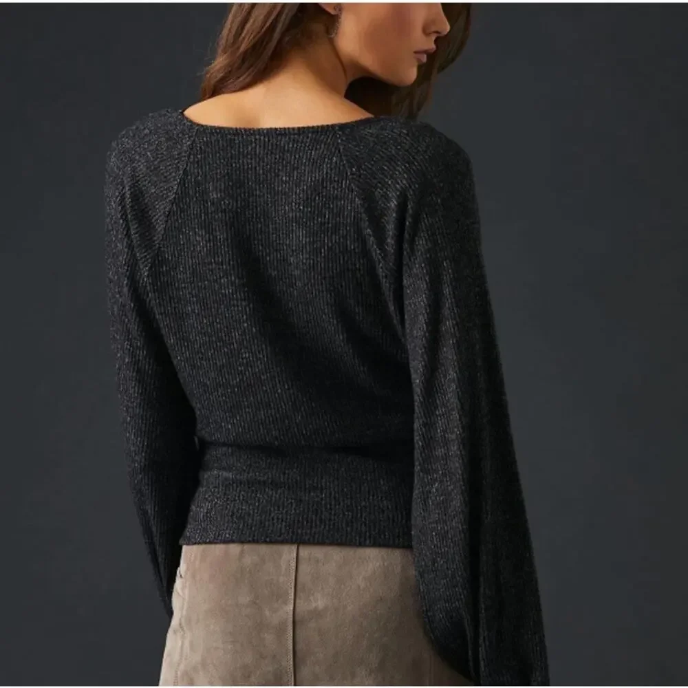 Anthropologie Women's Black Long Sleeve Ribbed Wrapped Sweater Size Medium NWOT - Picture 2 of 10